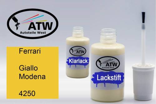 Ferrari, Giallo Modena, 4250: 20ml Lackstift + 20ml Klarlack - Set, von ATW Autoteile West.